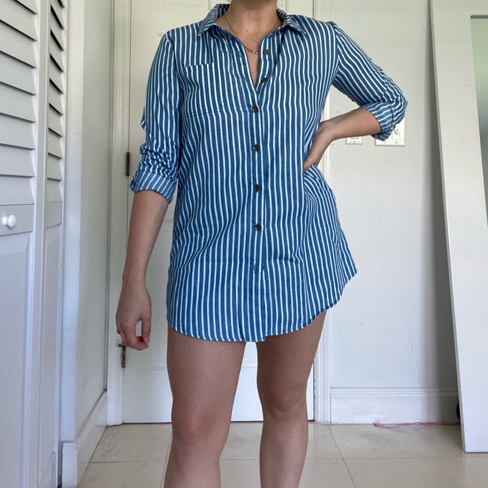 Oversized blue and white striped shirt dress